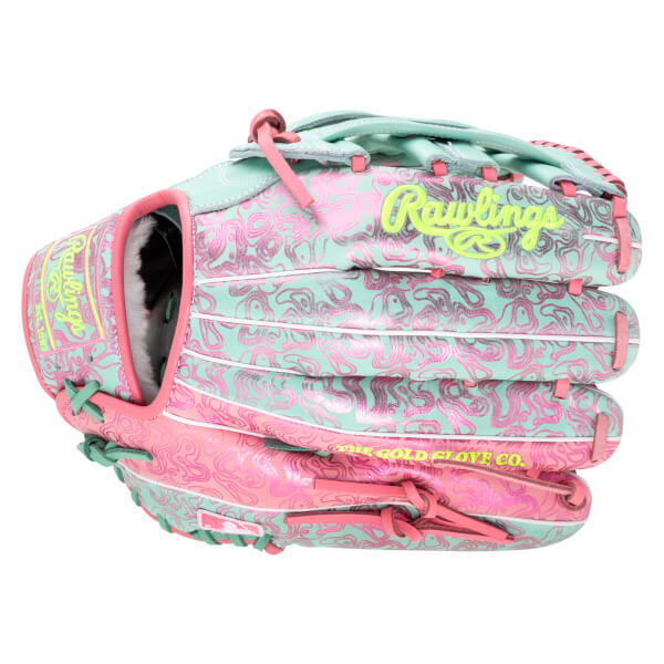 Front view of a teal and pink baseball glove with a swirling pattern and "Rawlings" logo.