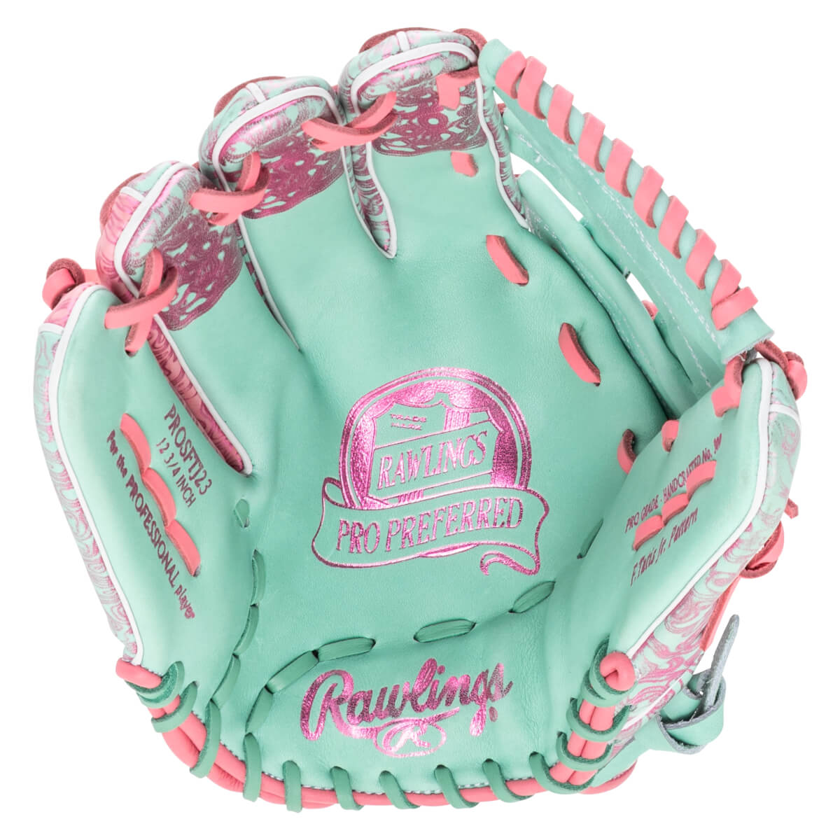 Top-down view of a mint green baseball glove with pink lacing and a pink "Rawlings Pro Preferred" logo.
