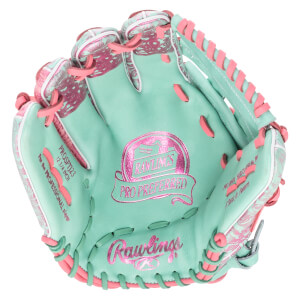 Top-down view of a mint green baseball glove with pink lacing and a pink "Rawlings Pro Preferred" logo.