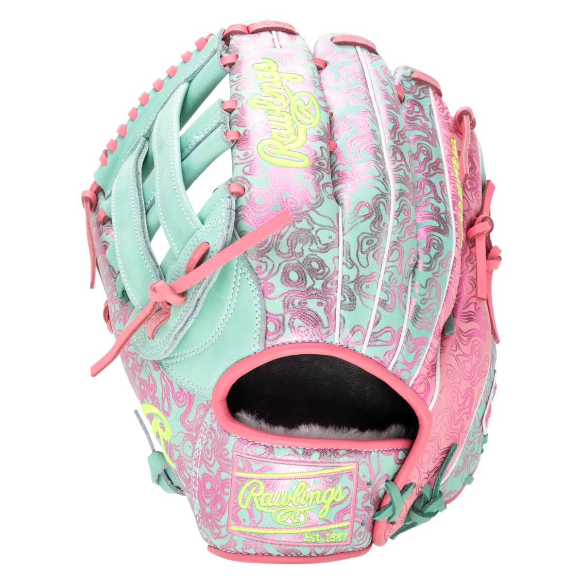 Front view of a teal and pink patterned baseball glove with "Rawlings" logo.