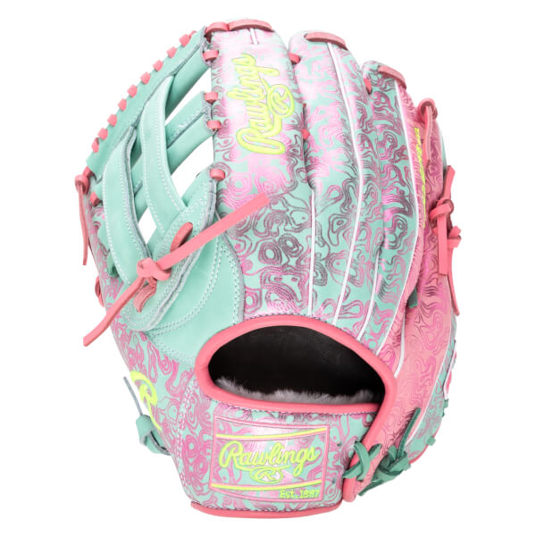 Front view of a teal and pink patterned baseball glove with "Rawlings" logo.
