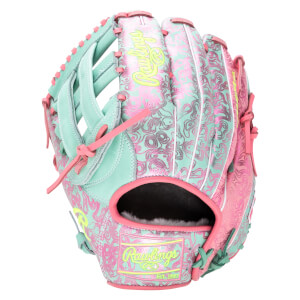 Front view of a teal and pink patterned baseball glove with "Rawlings" logo.
