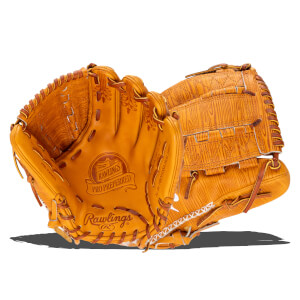 Top-down view of two tan Rawlings Pro Preferred baseball gloves with wood grain texture and embossed logos.