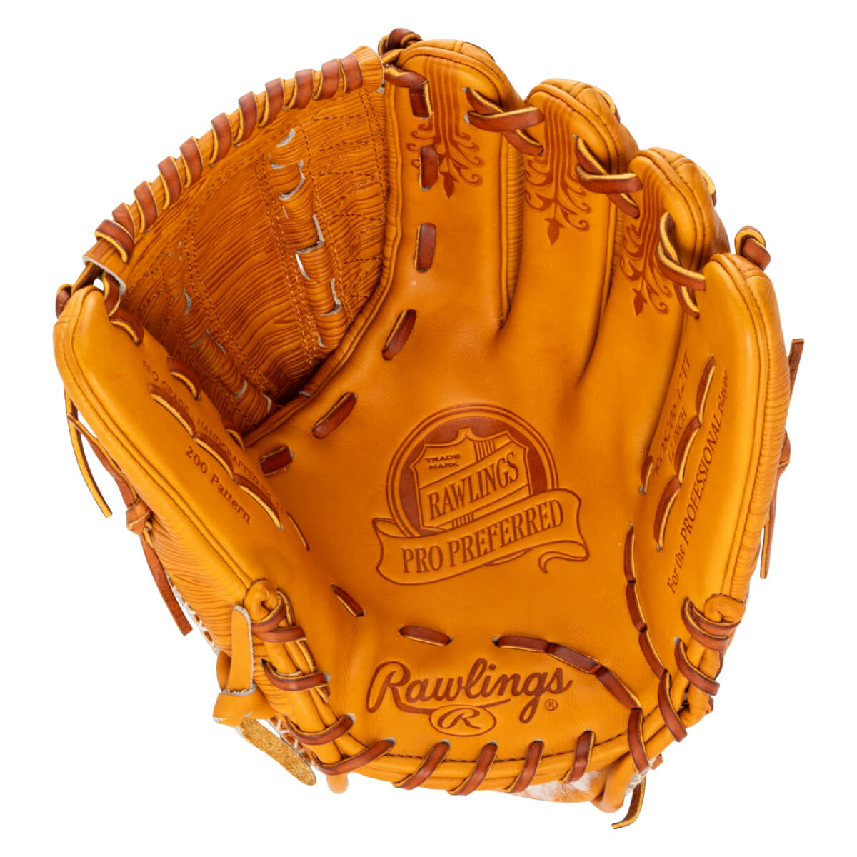Top-down view of a tan Rawlings Pro Preferred baseball glove with embossed logos and decorative stitching.