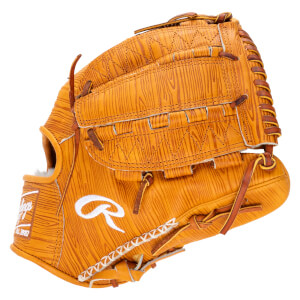 Side view of a tan baseball glove with a wood grain pattern, white Rawlings "R" logo, and white stitching.