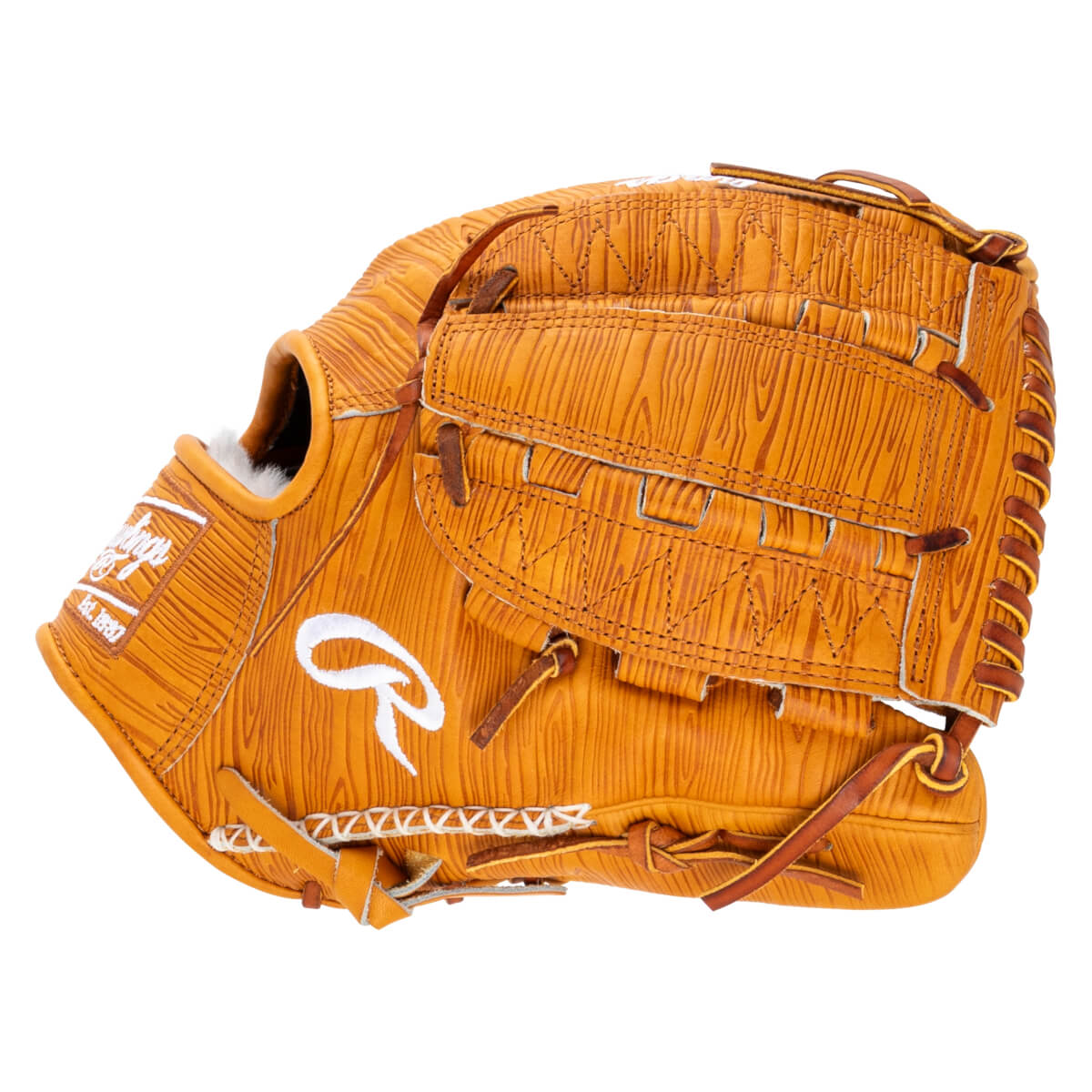 Side view of a tan baseball glove with a wood grain pattern, white Rawlings logo, and white stitching.