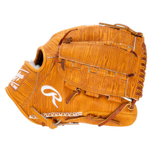 Side view of a tan baseball glove with a wood grain pattern, white Rawlings logo, and white stitching.