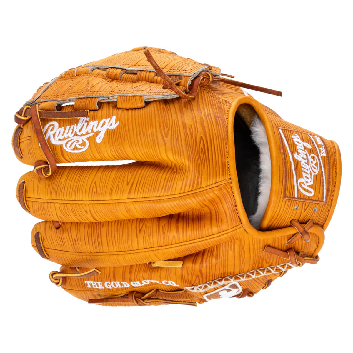 Front view of a tan Rawlings baseball glove with a wood grain texture, white embroidered logo, and "THE GOLD GLOVE CO." text.