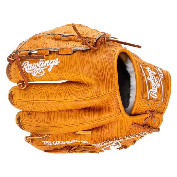 Front view of a tan Rawlings baseball glove with a wood grain texture, white embroidered logo, and "THE GOLD GLOVE CO." text.