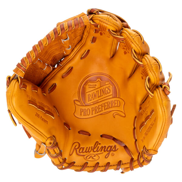 Top-down view of a tan Rawlings Pro Preferred baseball glove with "PRO PREFERRED" and "Rawlings" logos.