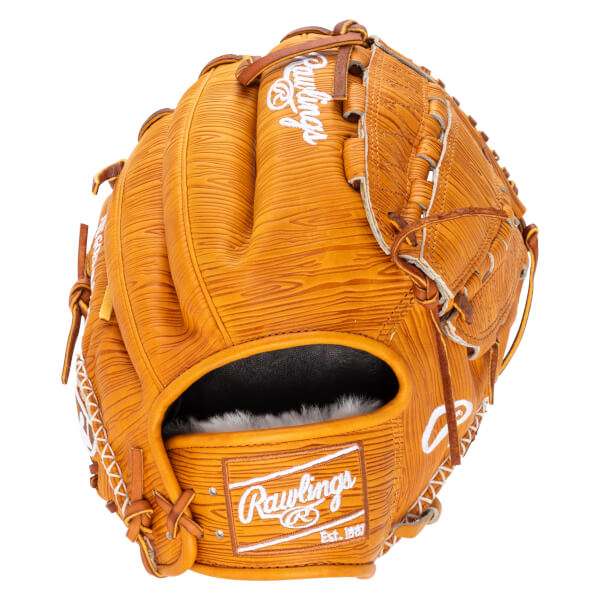 Top-down view of a tan Rawlings baseball glove with white stitching and a wood grain texture.