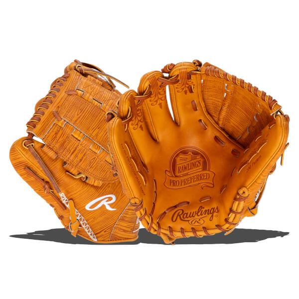 Front view of a tan Rawlings Pro Preferred baseball glove with wood grain texture and ornate detailing.