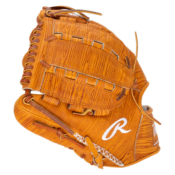 Angled view of a tan baseball glove with a wood grain pattern and a white "R" logo.
