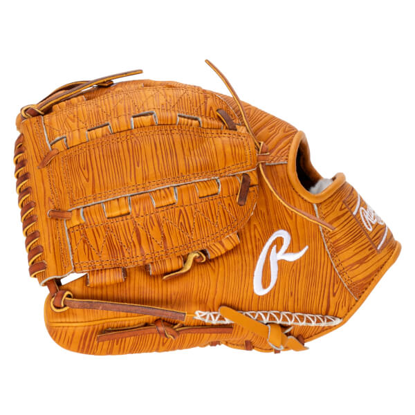 Side view of a tan baseball glove with a wood grain pattern and a white "R" logo.