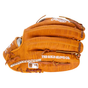 Side view of a tan baseball glove with a wood grain pattern, featuring "Rawlings" and "THE GOLD GLOVE CO." text.