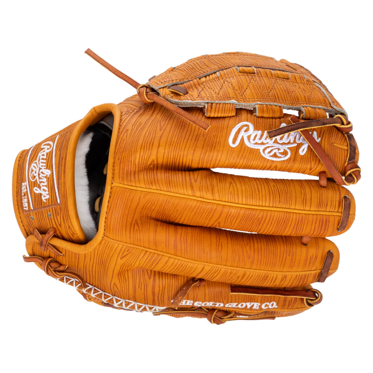 Front view of a tan baseball glove with a wood grain texture, featuring white "Rawlings" and "THE GOLD GLOVE CO." lettering.