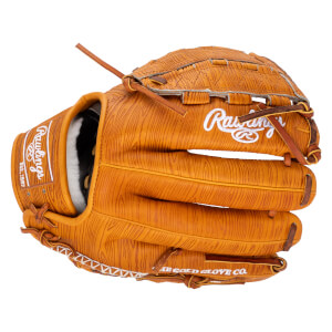 Front view of a tan baseball glove with a wood grain texture, featuring white "Rawlings" and "THE GOLD GLOVE CO." lettering.