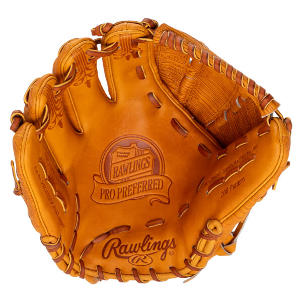 Top-down view of a tan Rawlings Pro Preferred baseball glove with "PRO PREFERRED" and "200 Pattern" visible.