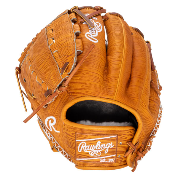 Top-down view of a tan baseball glove with white Rawlings logo and "Est. 1897" text.