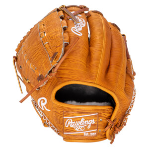 Top-down view of a tan baseball glove with white Rawlings logo and "Est. 1897" text.