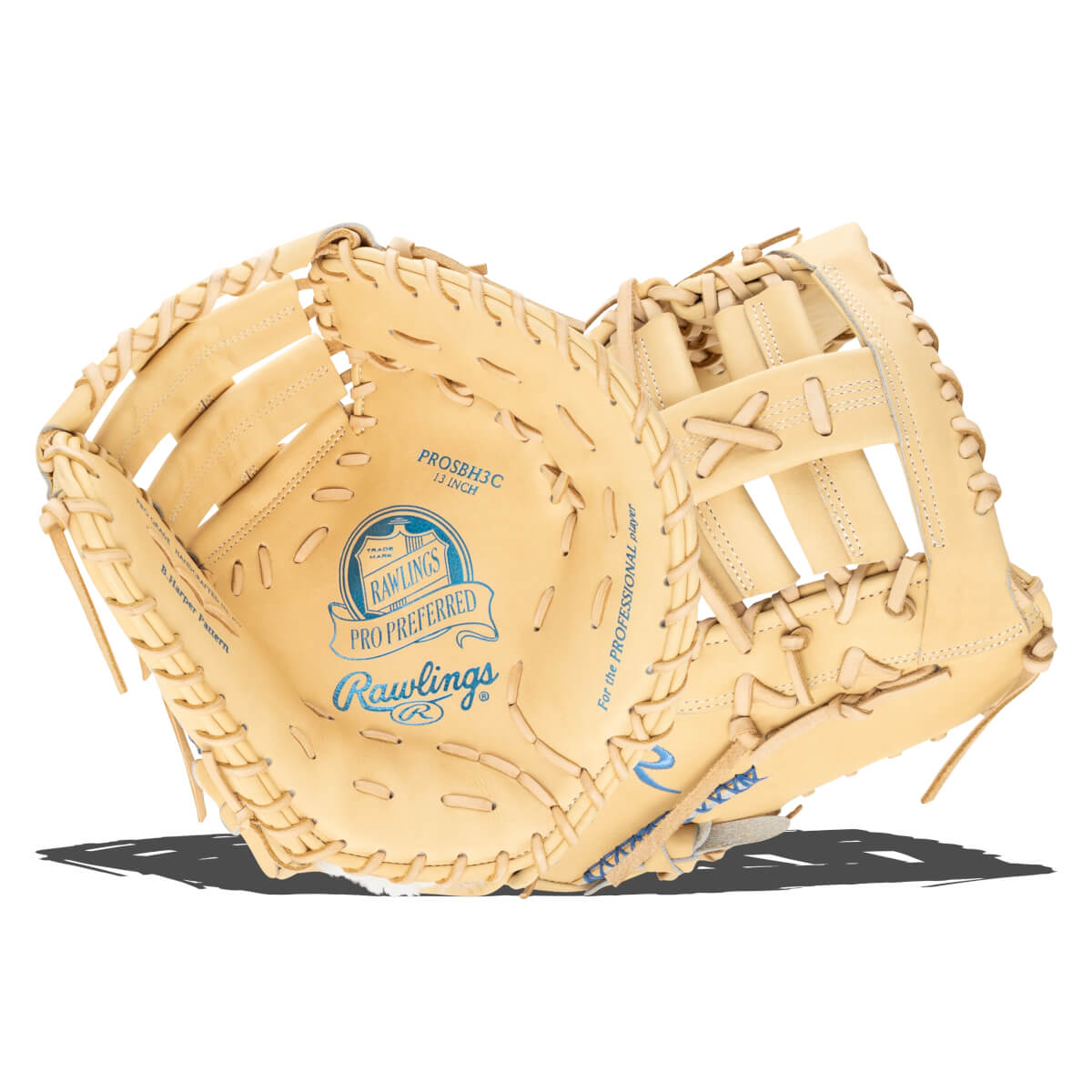 Top-down view of a tan Rawlings Pro Preferred baseball glove with "PROSBH3C 13 INCH" and "Rawlings" text.