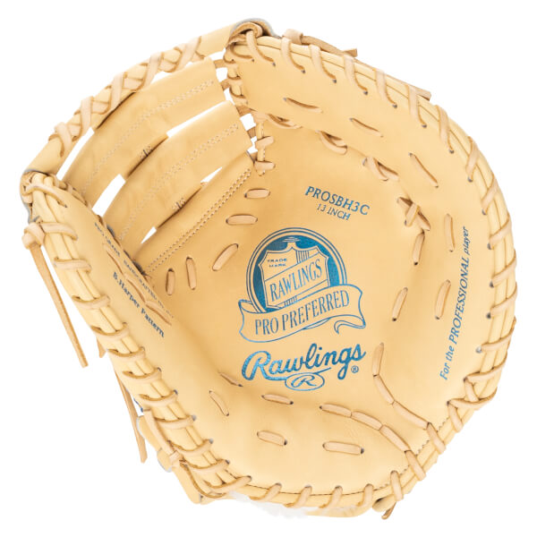 Top-down view of a tan Rawlings Pro Preferred baseball glove with blue lettering "PROSBH3C 13 INCH" and "Rawlings".