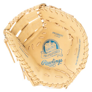 Top-down view of a tan Rawlings Pro Preferred baseball glove with blue lettering "PROSBH3C 13 INCH" and "Rawlings".