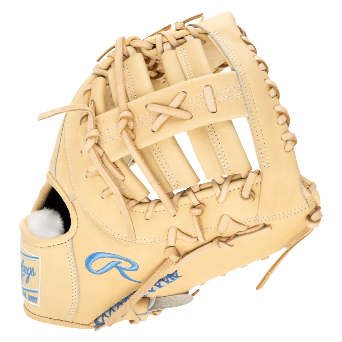 Front view of a tan baseball glove with a blue Rawlings "R" logo and white stitching.