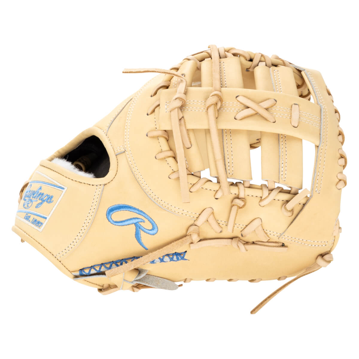 Front view of a tan Rawlings baseball glove with blue stitching and a blue "R" logo.