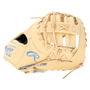 Front view of a tan Rawlings baseball glove with blue stitching and a blue "R" logo.