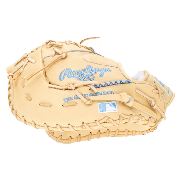 Side view of a tan Rawlings baseball glove with blue stitching and logos.