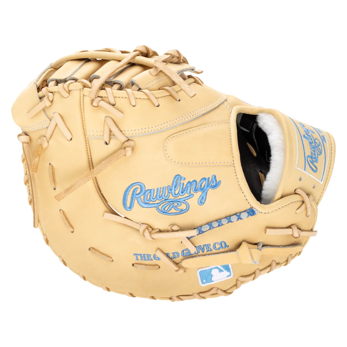 Front view of a tan Rawlings baseball glove with blue stitching and logo, showing the pocket and lacing.
