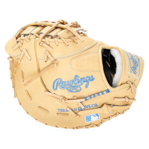 Front view of a tan Rawlings baseball glove with blue stitching and logo, showing the pocket and lacing.