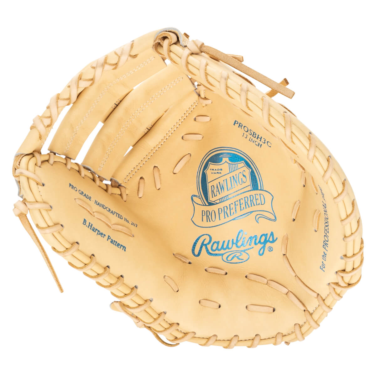 Top-down view of a tan Rawlings Pro Preferred baseball glove with blue lettering and "B. Harper Pattern" visible.