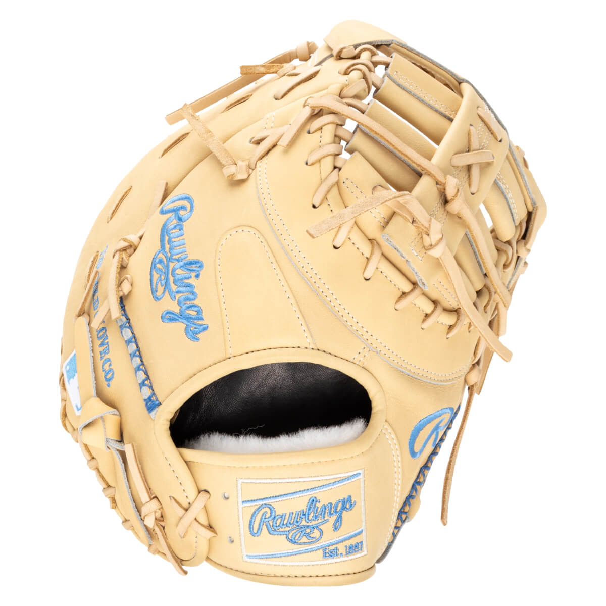 Top-down view of a tan Rawlings baseball glove with blue stitching and "Rawlings" logo.