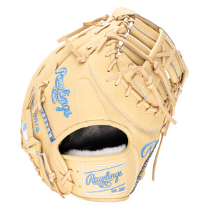 Top-down view of a tan Rawlings baseball glove with blue stitching and "Rawlings" logo.