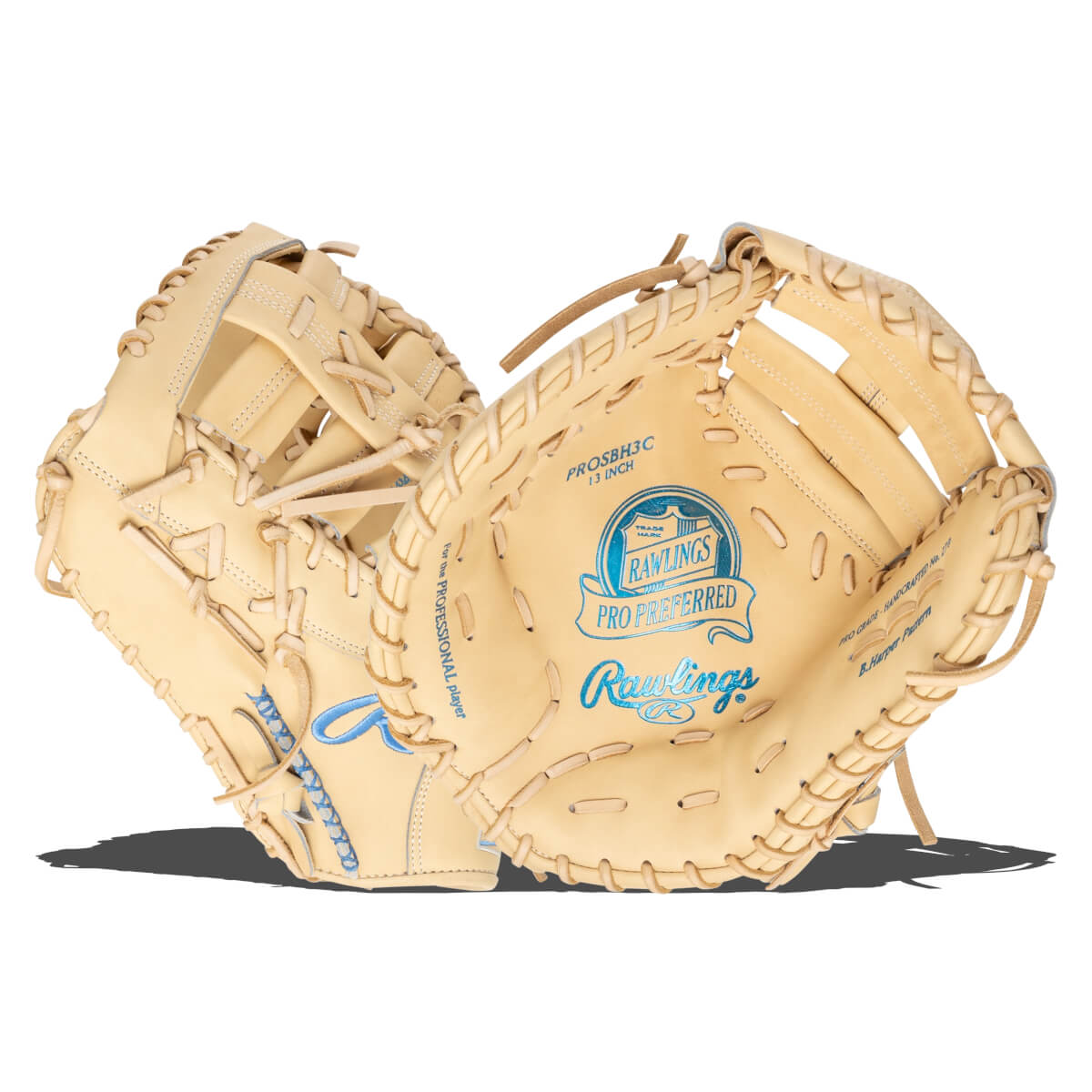 Front view of a tan Rawlings Pro Preferred baseball glove with blue lettering and lacing.
