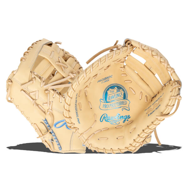 Front view of a tan Rawlings Pro Preferred baseball glove with blue lettering and lacing.