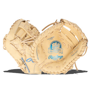 Front view of a tan Rawlings Pro Preferred baseball glove with blue lettering and lacing.
