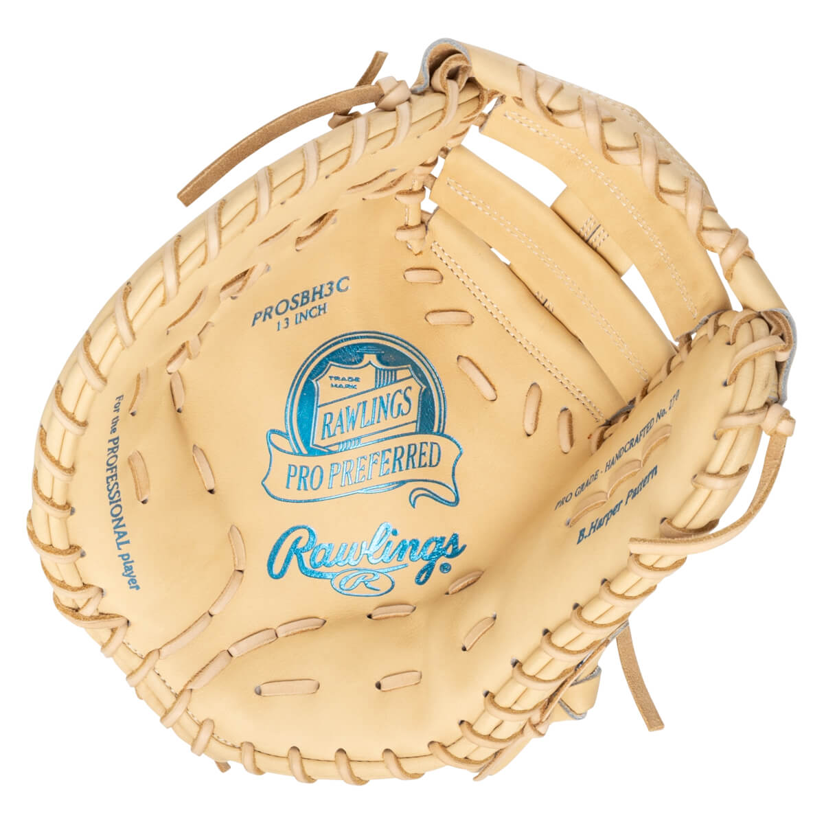 Top-down view of a tan Rawlings Pro Preferred baseball glove with blue lettering and "B. Harper Pattern" visible.