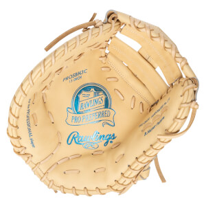 Top-down view of a tan Rawlings Pro Preferred baseball glove with blue lettering and "B. Harper Pattern" visible.