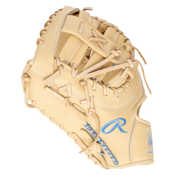 Side view of a tan baseball glove with a blue "R" logo and "Rawlings" text.