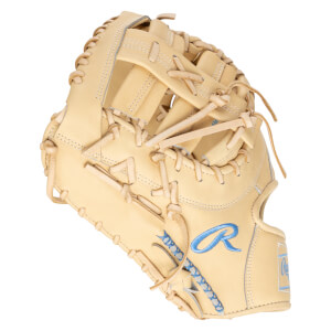 Side view of a tan baseball glove with a blue "R" logo and "Rawlings" text.