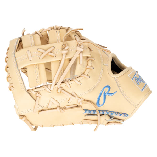 Side view of a tan baseball glove with blue Rawlings logo and stitching.