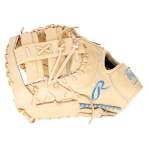 Side view of a tan baseball glove with blue Rawlings logo and stitching.