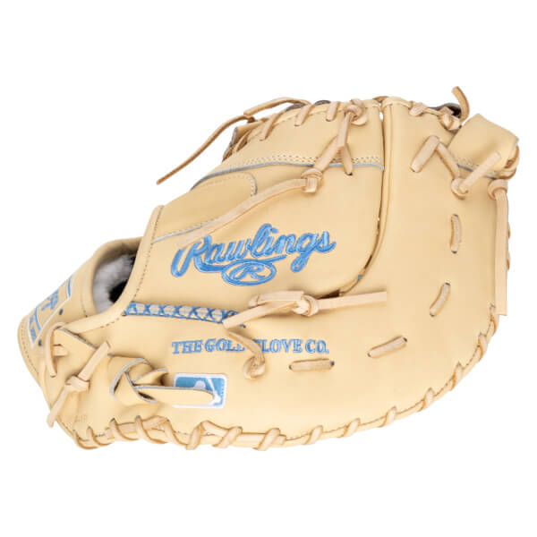 Front view of a tan baseball glove with blue "Rawlings" script and "THE GOLD GLOVE CO." text.