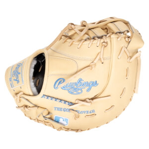 Front view of a tan baseball glove with blue "Rawlings" embroidery, a MLB logo, and "The Gold Glove Co." text.
