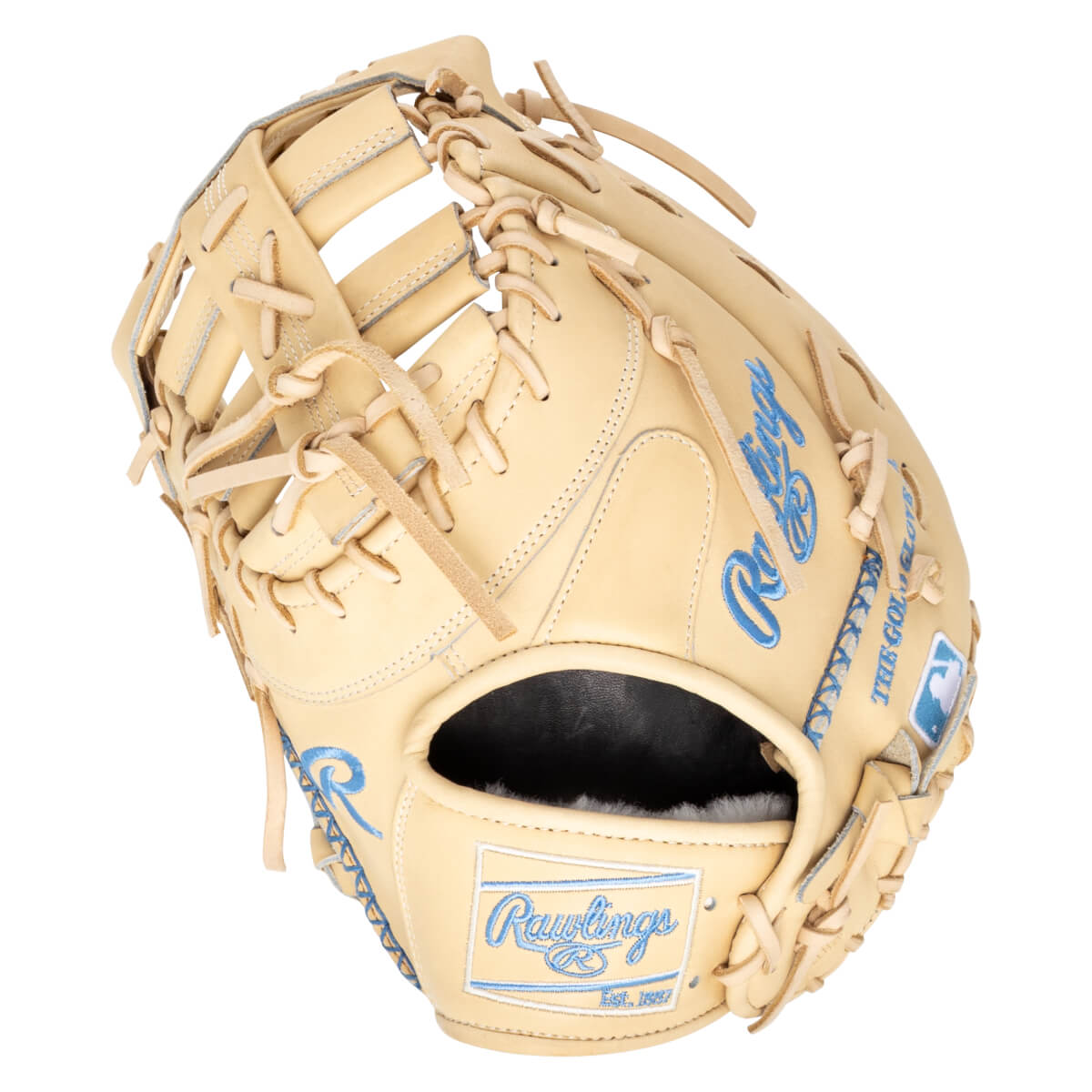 Top-down view of a tan baseball glove with blue "Rawlings" and "THE GOLDBERG" lettering, and an MLB logo.