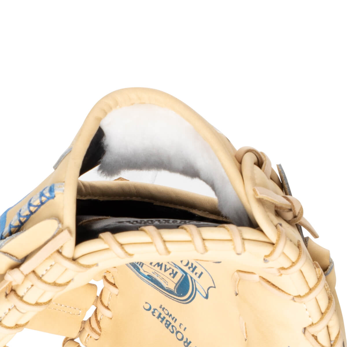 Close-up of the inside of a baseball glove showing the "RAWLINGS PROSBH3C 13 INCH" logo and blue lacing.
