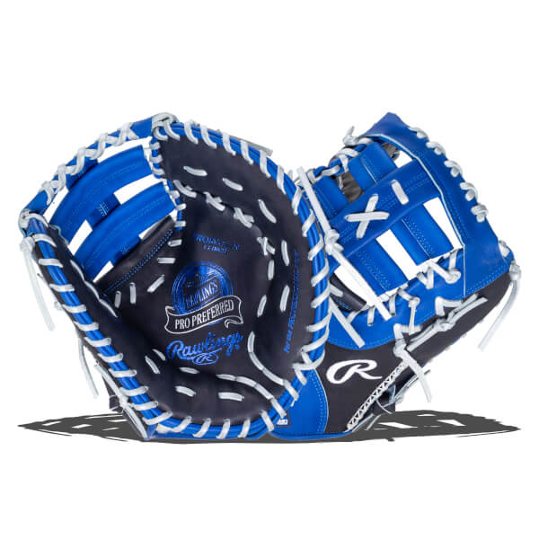 Open view of a blue and black Rawlings Pro Preferred baseball glove with white lacing.